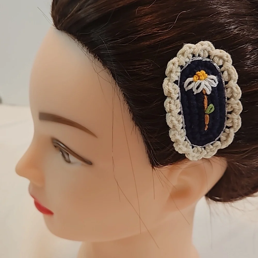Hand Crafted Hand Knit Crochet Hair Clip Handmade Navy Blue  embroidered flower